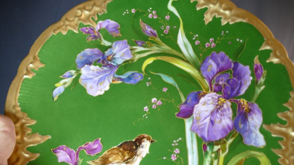 Pair Of Dishes With Irises And Birds, Limoges Porcelain, Late 19th Century-photo-1