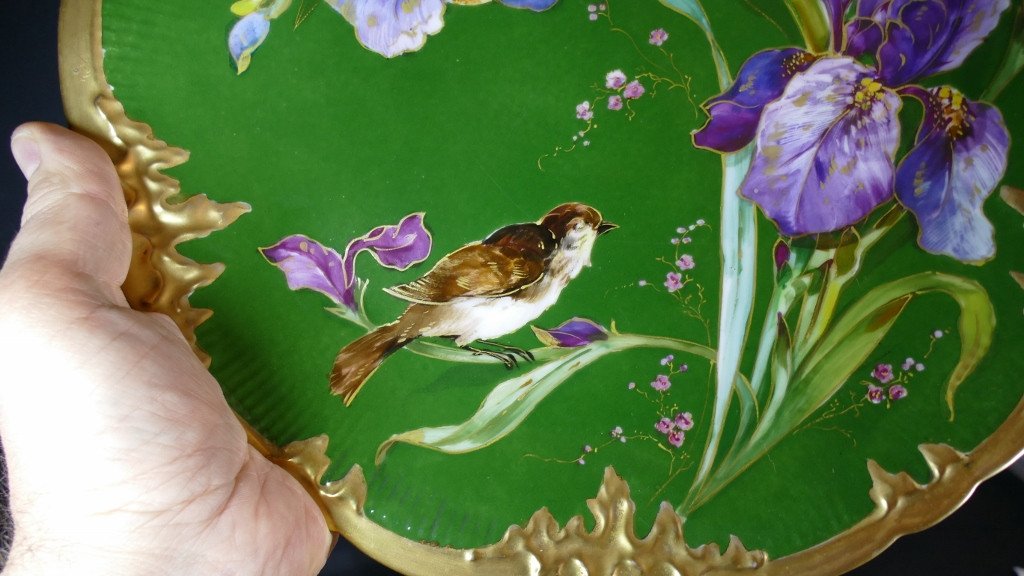 Pair Of Dishes With Irises And Birds, Limoges Porcelain, Late 19th Century-photo-2