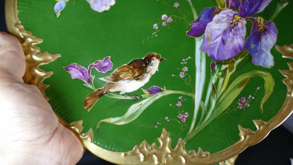 Pair Of Dishes With Irises And Birds, Limoges Porcelain, Late 19th Century-photo-3