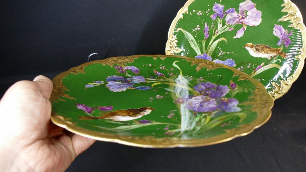 Pair Of Dishes With Irises And Birds, Limoges Porcelain, Late 19th Century-photo-5