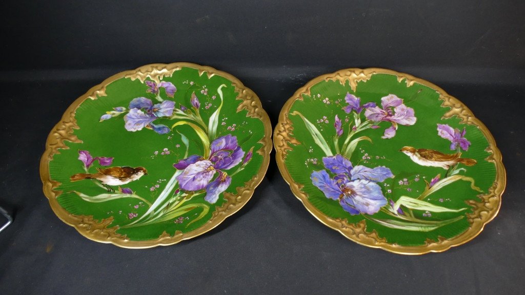 Pair Of Dishes With Irises And Birds, Limoges Porcelain, Late 19th Century-photo-7