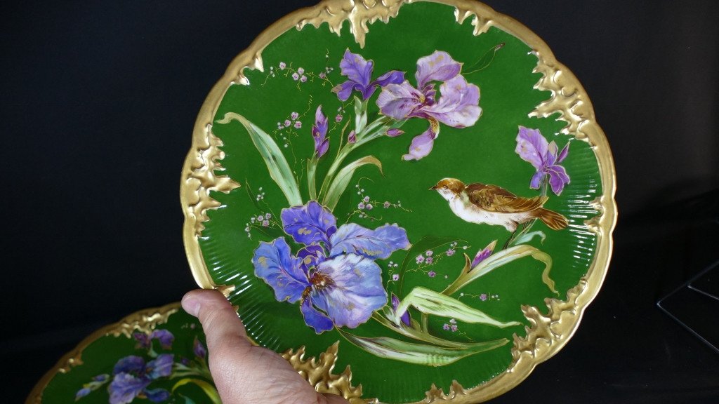 Pair Of Dishes With Irises And Birds, Limoges Porcelain, Late 19th Century-photo-8