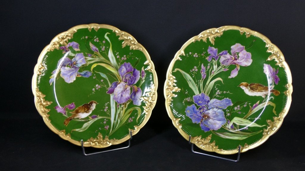 Pair Of Dishes With Irises And Birds, Limoges Porcelain, Late 19th Century