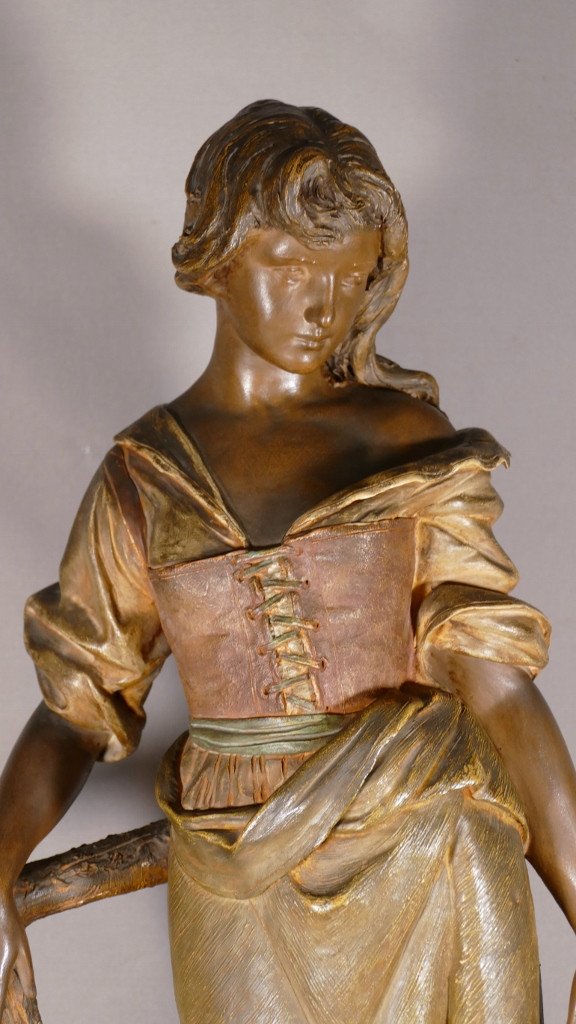 Ernst Borsdorf, Woman With A Jug, Large Polychrome Terracotta Sculpture, 19th Century-photo-2