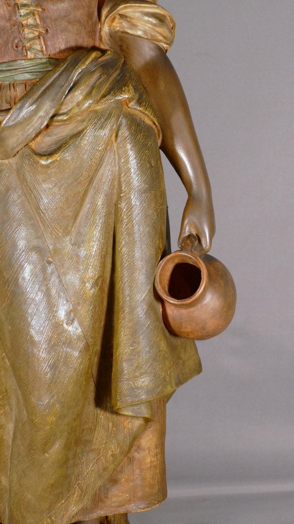 Ernst Borsdorf, Woman With A Jug, Large Polychrome Terracotta Sculpture, 19th Century-photo-3