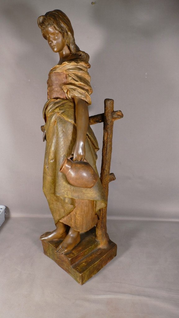 Ernst Borsdorf, Woman With A Jug, Large Polychrome Terracotta Sculpture, 19th Century-photo-2