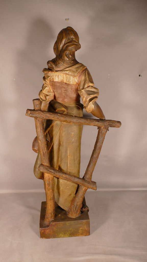 Ernst Borsdorf, Femme à La Cruche, Grande Sculpture En Terre Cuite Polychrome, époque XIX ème-photo-4