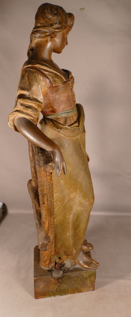 Ernst Borsdorf, Femme à La Cruche, Grande Sculpture En Terre Cuite Polychrome, époque XIX ème-photo-6