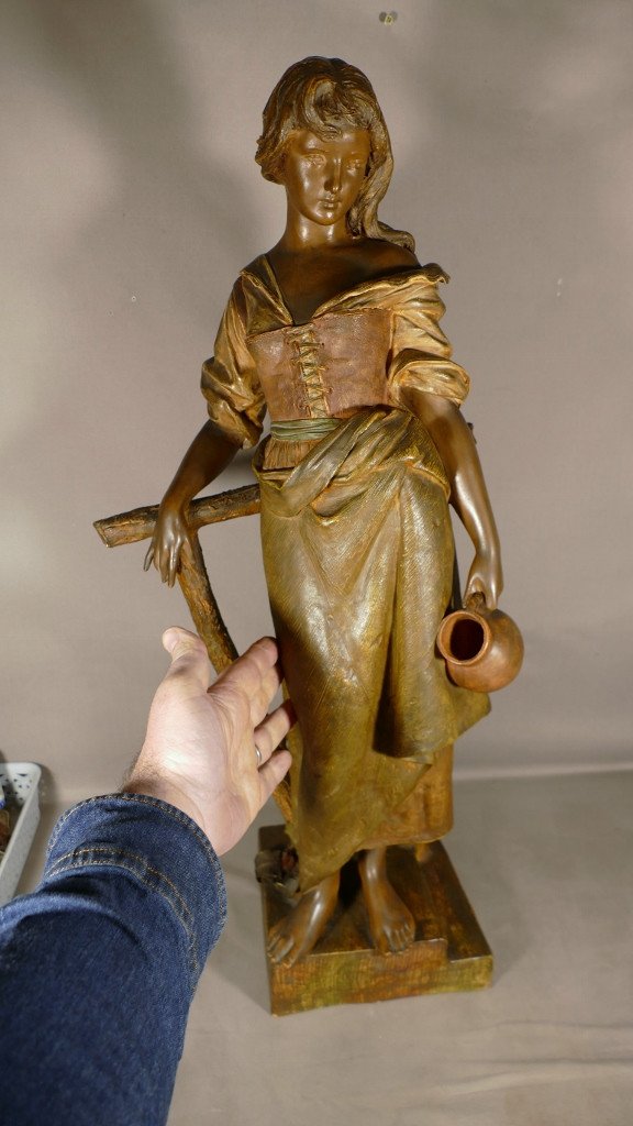 Ernst Borsdorf, Woman With A Jug, Large Polychrome Terracotta Sculpture, 19th Century-photo-8