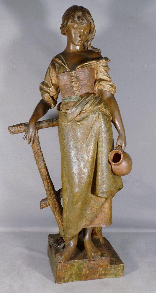 Ernst Borsdorf, Woman With A Jug, Large Polychrome Terracotta Sculpture, 19th Century