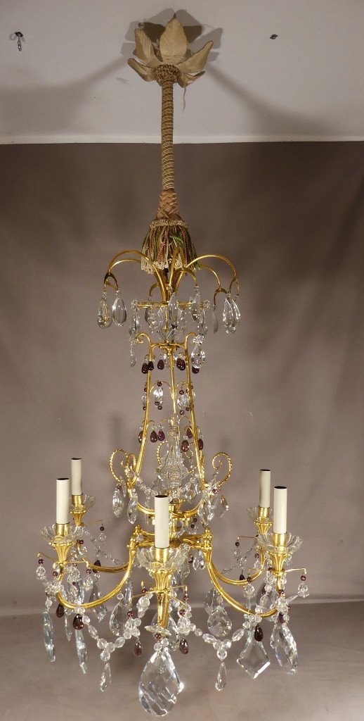 Chandelier In Gilt Bronze, Crystal And Glass With 6 Lights, Mid 20th Century-photo-2