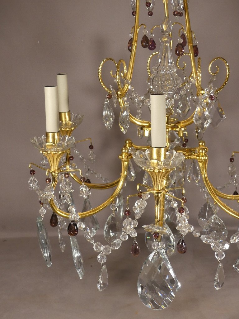 Chandelier In Gilt Bronze, Crystal And Glass With 6 Lights, Mid 20th Century-photo-3