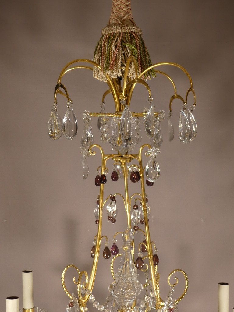 Lustre En Bronze Doré, Cristal Et Verre à 6 Feux, époque Milieu XX ème-photo-1