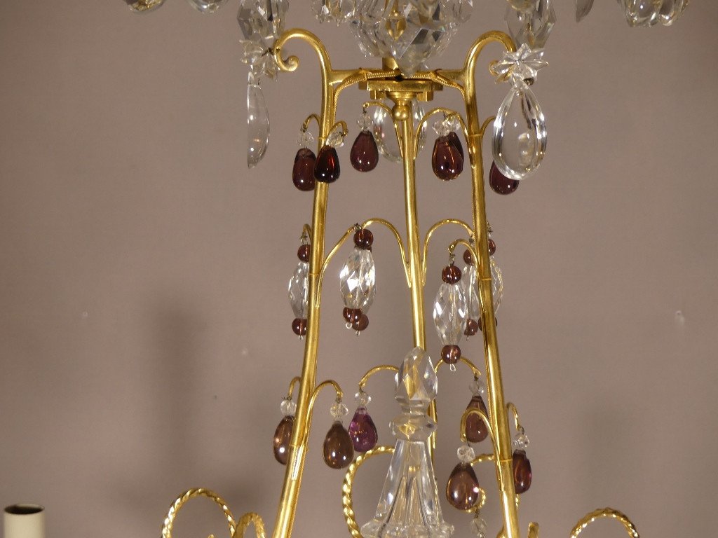Chandelier In Gilt Bronze, Crystal And Glass With 6 Lights, Mid 20th Century-photo-3