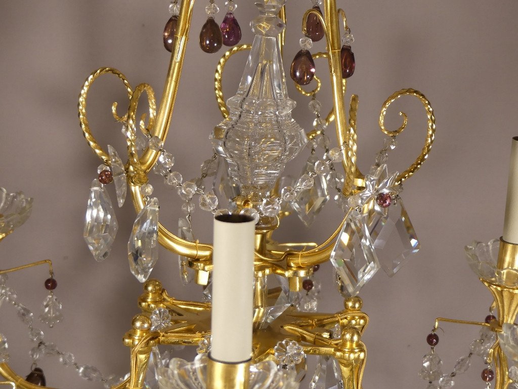 Chandelier In Gilt Bronze, Crystal And Glass With 6 Lights, Mid 20th Century-photo-4