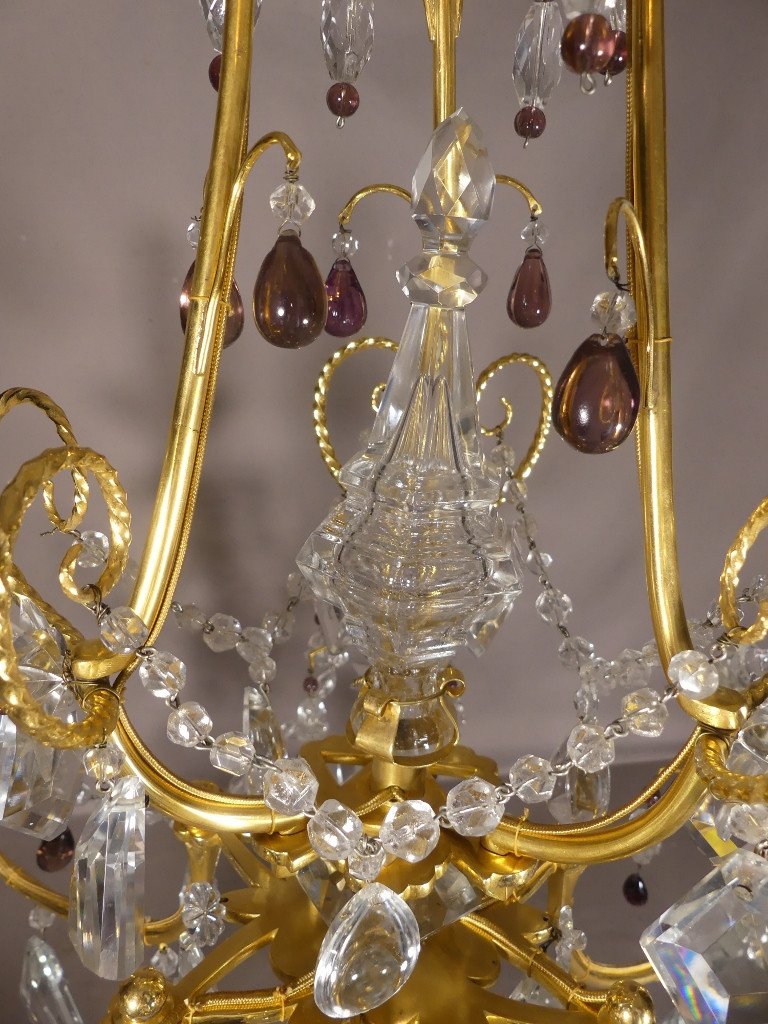 Chandelier In Gilt Bronze, Crystal And Glass With 6 Lights, Mid 20th Century-photo-8
