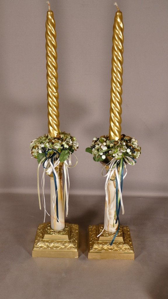 Pair Of Napoleon III Candlesticks In Gilt Bronze And Onyx, 19th Century-photo-7