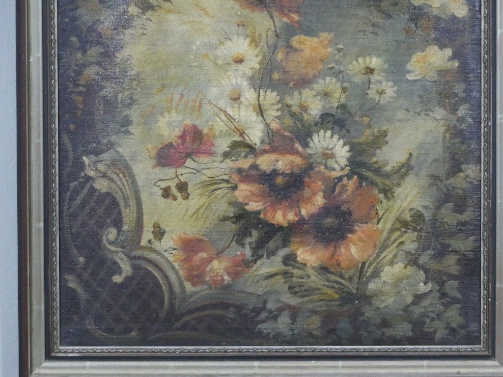18th Century Painted Canvas, Bouquet Of Flowers In A Cartouche, Haut De Trumeau-photo-4