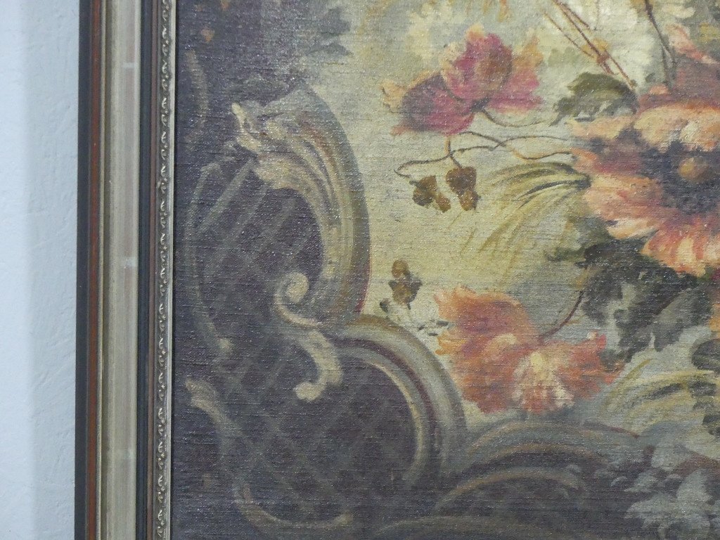 18th Century Painted Canvas, Bouquet Of Flowers In A Cartouche, Haut De Trumeau-photo-4