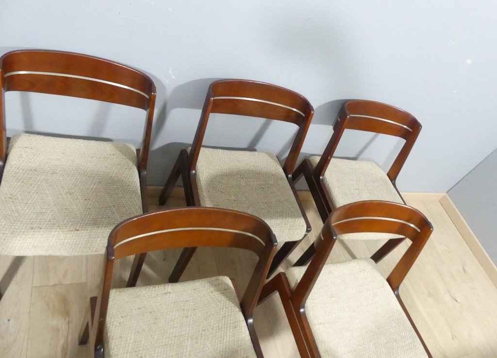 6 Vintage Scandinavian Chairs From The 60s In Beech And Walnut, Wool Seats-photo-7