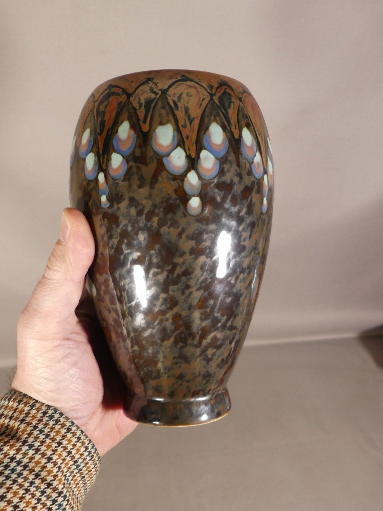 Camille Tharaud Limoges, Oblong Vase In Metallic Oxide Flows, Art Deco Before 1945-photo-3