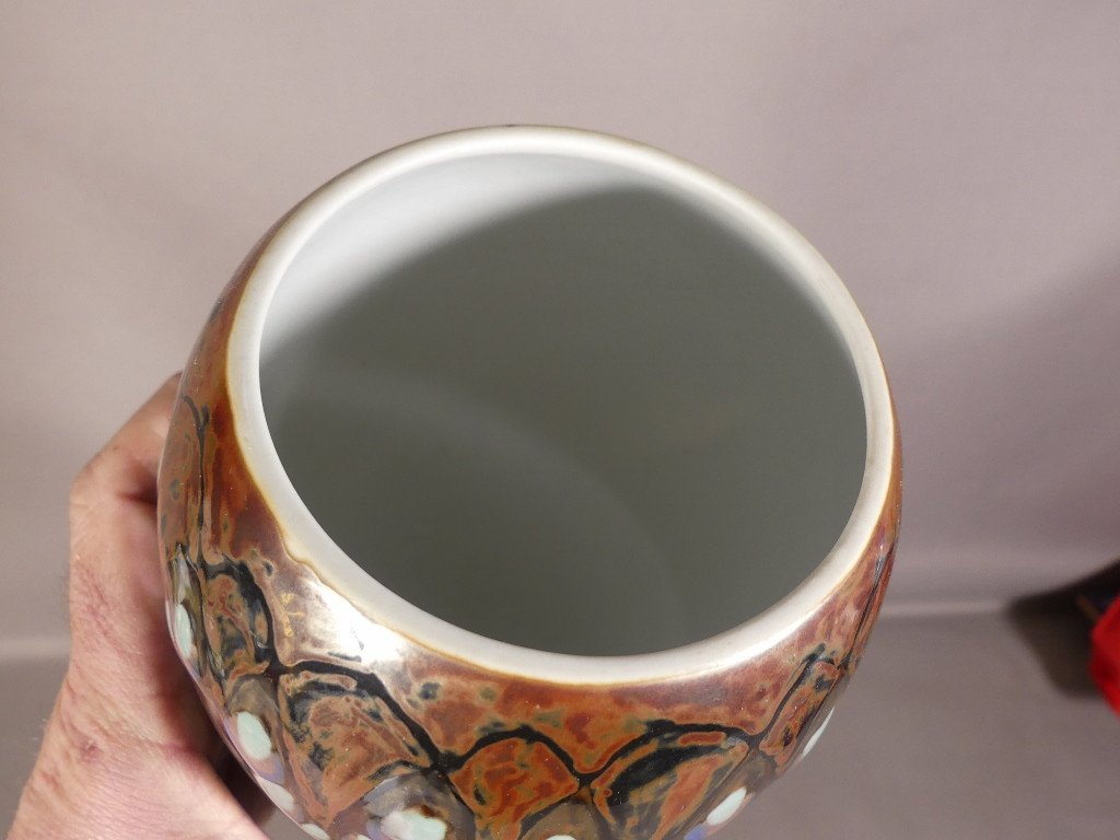 Camille Tharaud Limoges, Oblong Vase In Metallic Oxide Flows, Art Deco Before 1945-photo-1