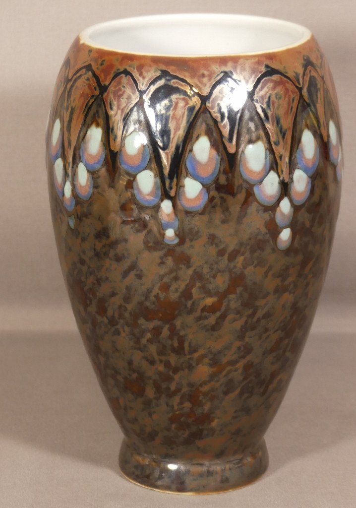 Camille Tharaud Limoges, Oblong Vase In Metallic Oxide Flows, Art Deco Before 1945