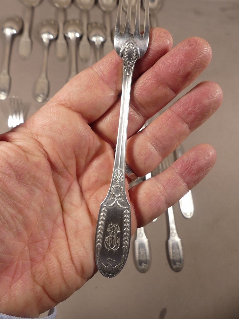 Emile Puiforcat, Empire Model, Entremet Cutlery, Sterling Silver For 12 People, 19th Century-photo-2