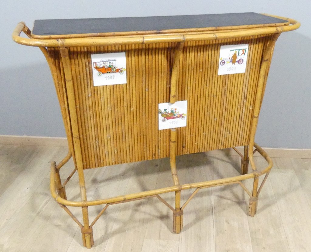 Bar And Its 2 Stools In Bamboo-style Rattan And Ceramic Plate, 1960 Period-photo-3