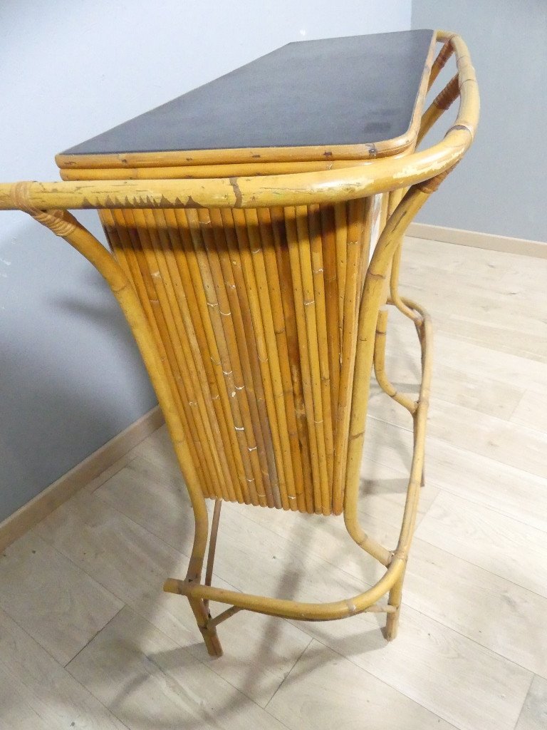 Bar And Its 2 Stools In Bamboo-style Rattan And Ceramic Plate, 1960 Period-photo-4