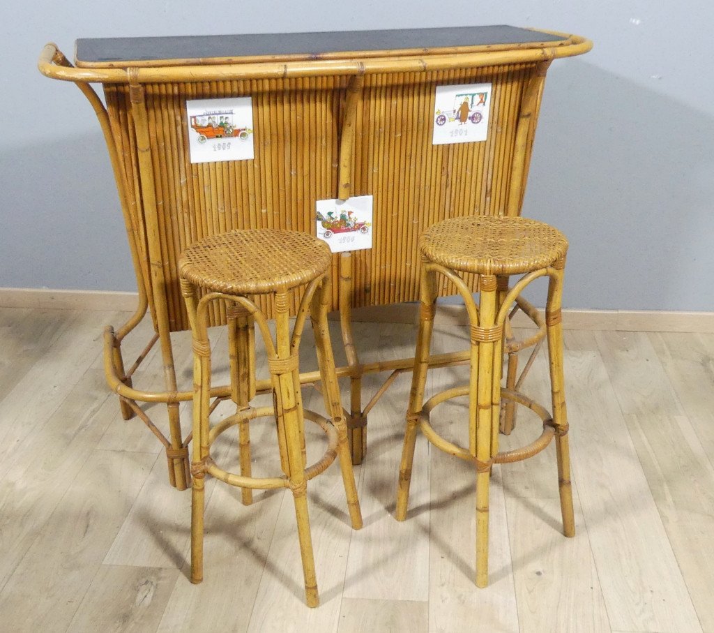 Bar And Its 2 Stools In Bamboo-style Rattan And Ceramic Plate, 1960 Period