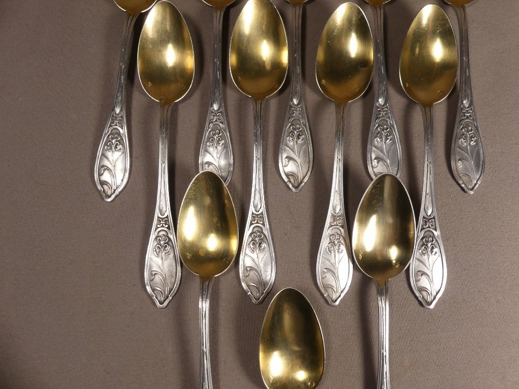 Art Nouveau Aux Iris, 12 Coffee Dessert Spoons Sterling Silver Vermeil Goldsmith Gustave Veyrat-photo-2