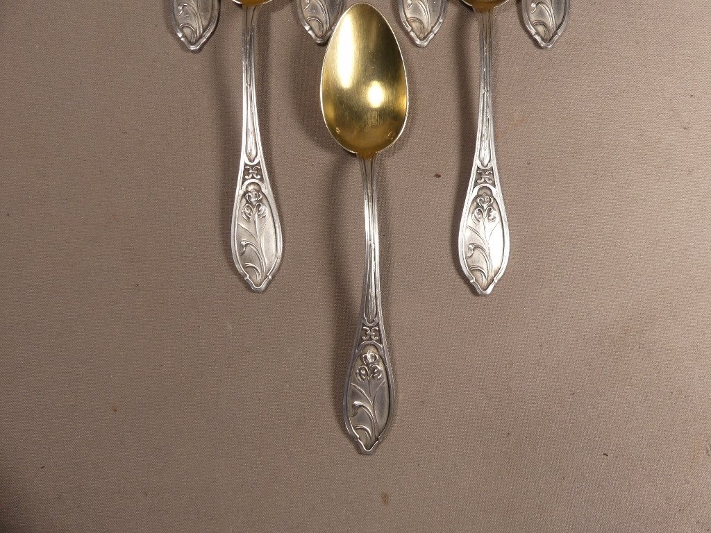 Art Nouveau Aux Iris, 12 Coffee Dessert Spoons Sterling Silver Vermeil Goldsmith Gustave Veyrat-photo-3