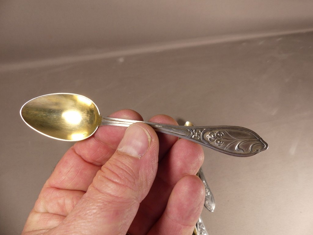 Art Nouveau Aux Iris, 12 Coffee Dessert Spoons Sterling Silver Vermeil Goldsmith Gustave Veyrat-photo-4