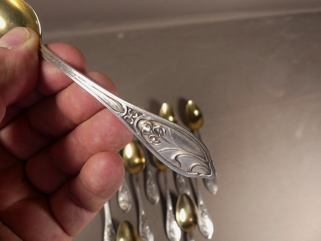 Art Nouveau Aux Iris, 12 Coffee Dessert Spoons Sterling Silver Vermeil Goldsmith Gustave Veyrat-photo-1