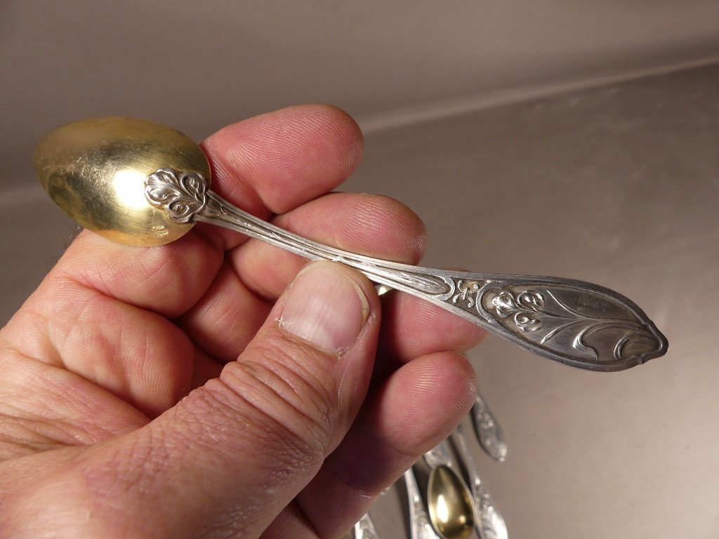 Art Nouveau Aux Iris, 12 Coffee Dessert Spoons Sterling Silver Vermeil Goldsmith Gustave Veyrat-photo-2