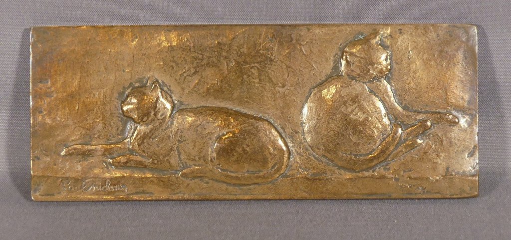 Cats By Paul Michaux, Decorative Bronze Plaque Dated 1983