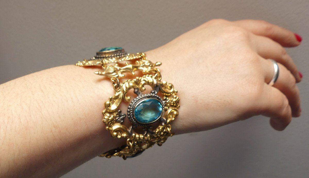 Charles X Cuff Bracelet In Pomponne And Blue Stone, Restoration Period 19th Century-photo-2