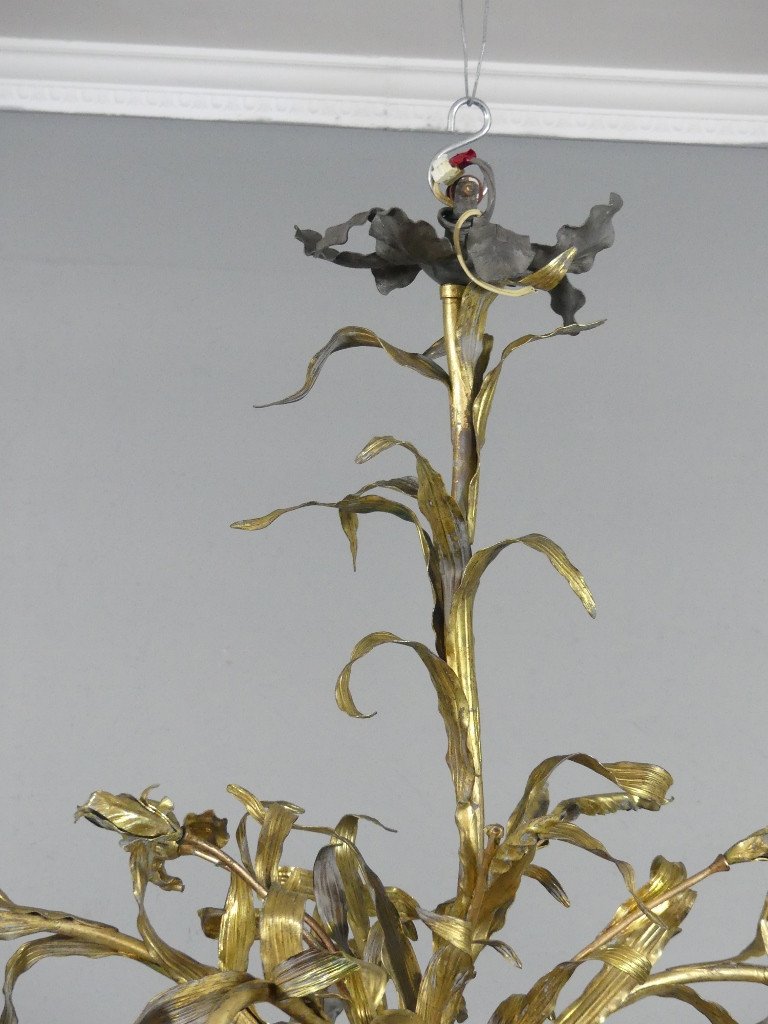 Iris Chandelier In Bronze, Brass And Sheet Metal, Decorator's Work From The 40s-50s-photo-4