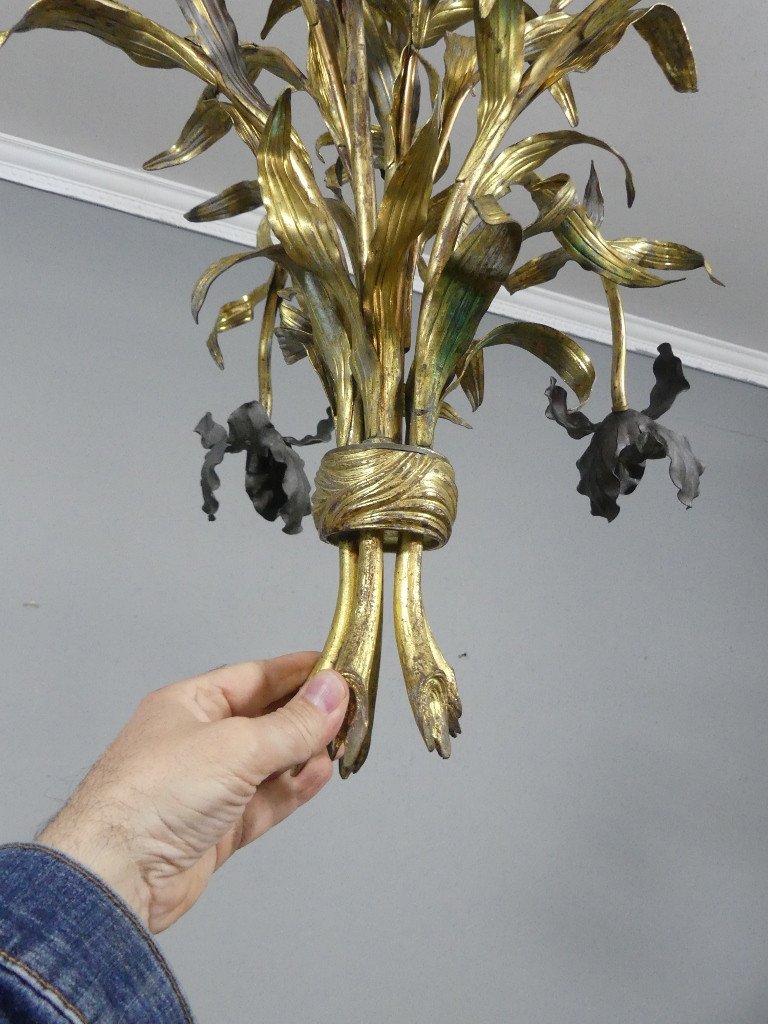 Iris Chandelier In Bronze, Brass And Sheet Metal, Decorator's Work From The 40s-50s-photo-3