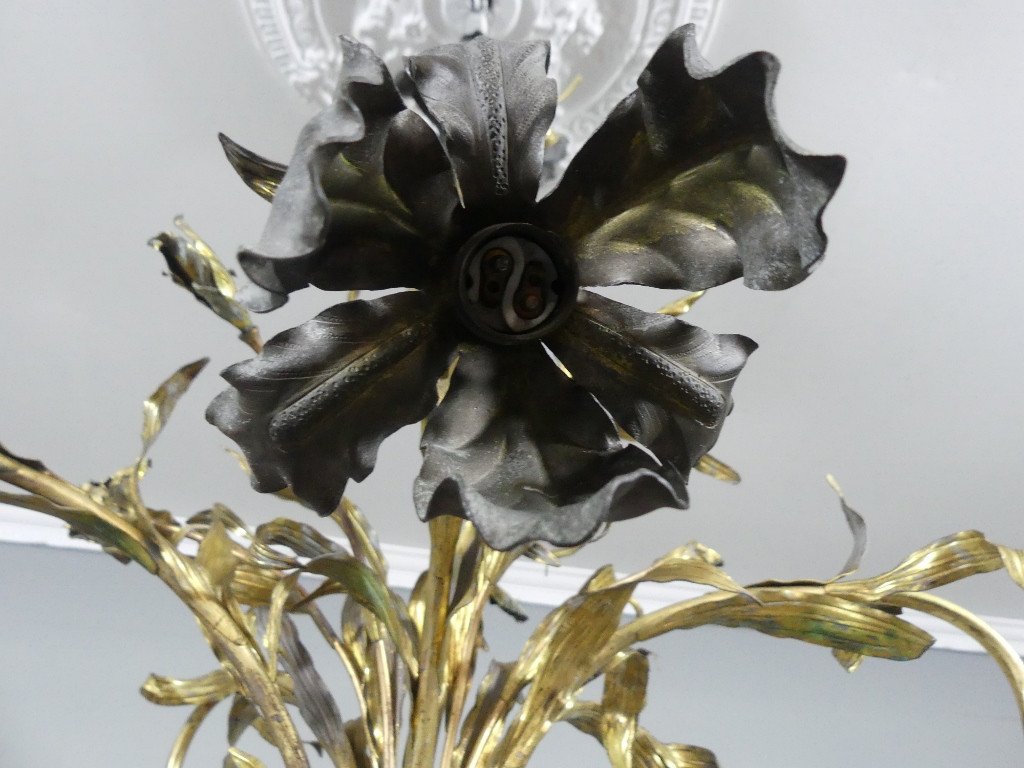 Iris Chandelier In Bronze, Brass And Sheet Metal, Decorator's Work From The 40s-50s-photo-5