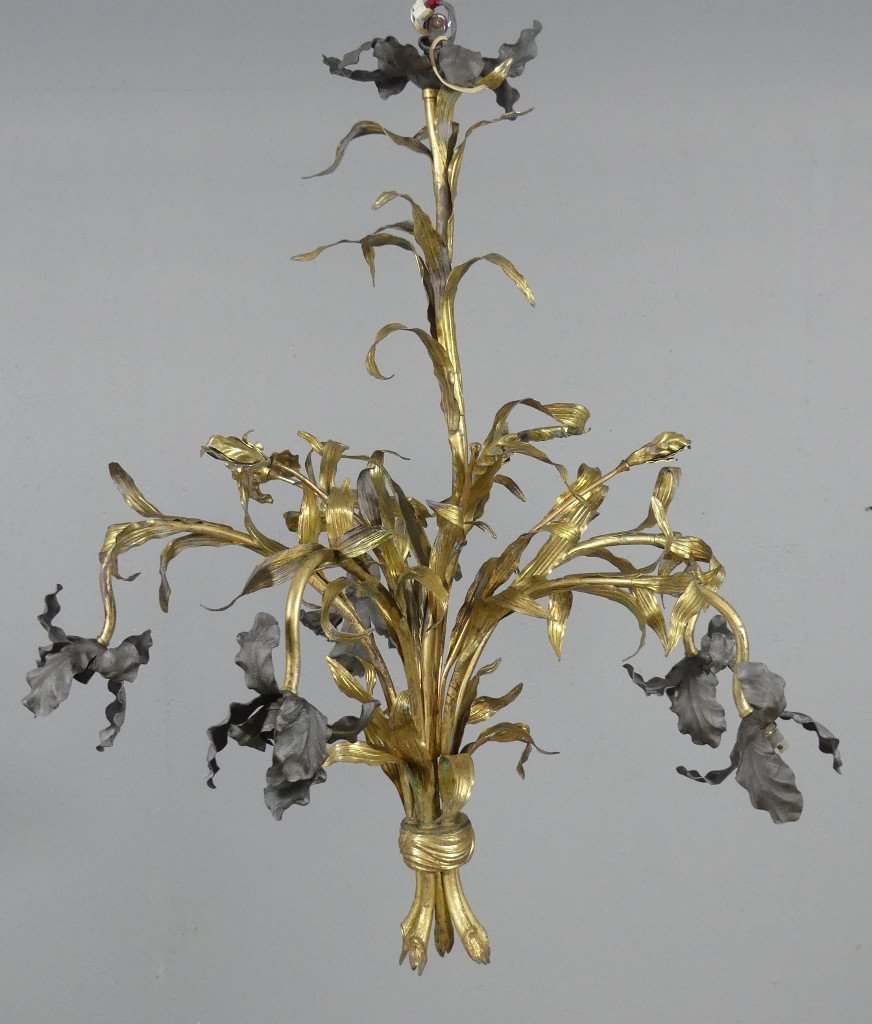 Iris Chandelier In Bronze, Brass And Sheet Metal, Decorator's Work From The 40s-50s