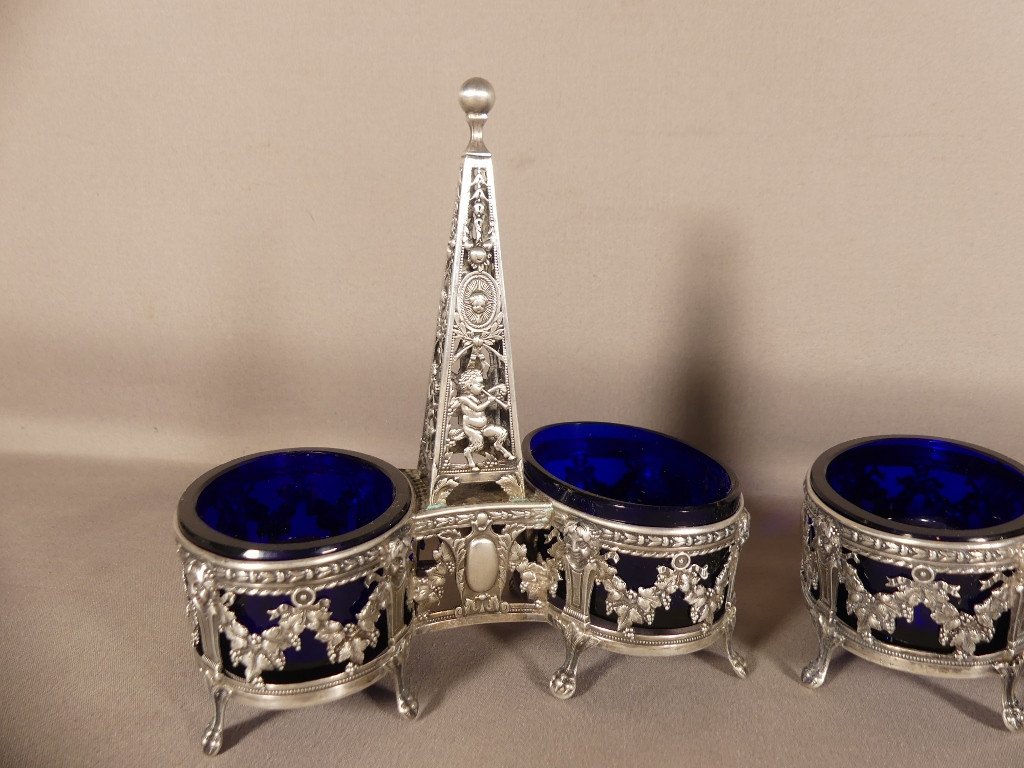 Pair Of Double Louis XVI Salerons In Sterling Silver And Blue Glass, Goldsmith Boivin, 19th Century-photo-3