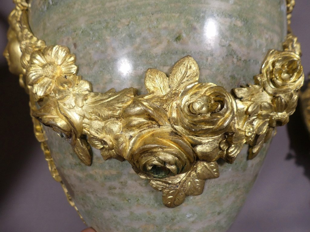 55 Cm, Pair Of Louis XVI Style Cassolettes Campan Green Marble And Gilt Bronze, Napoleon III-photo-1
