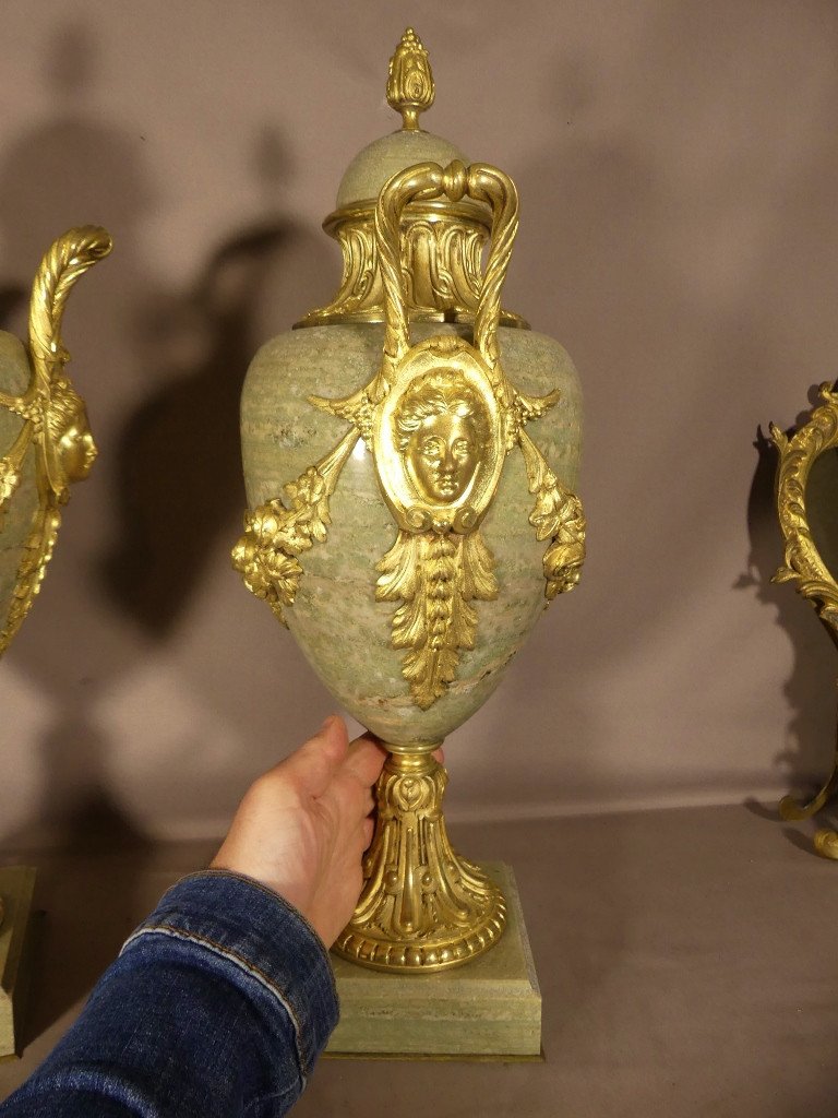 55 Cm, Pair Of Louis XVI Style Cassolettes Campan Green Marble And Gilt Bronze, Napoleon III-photo-4