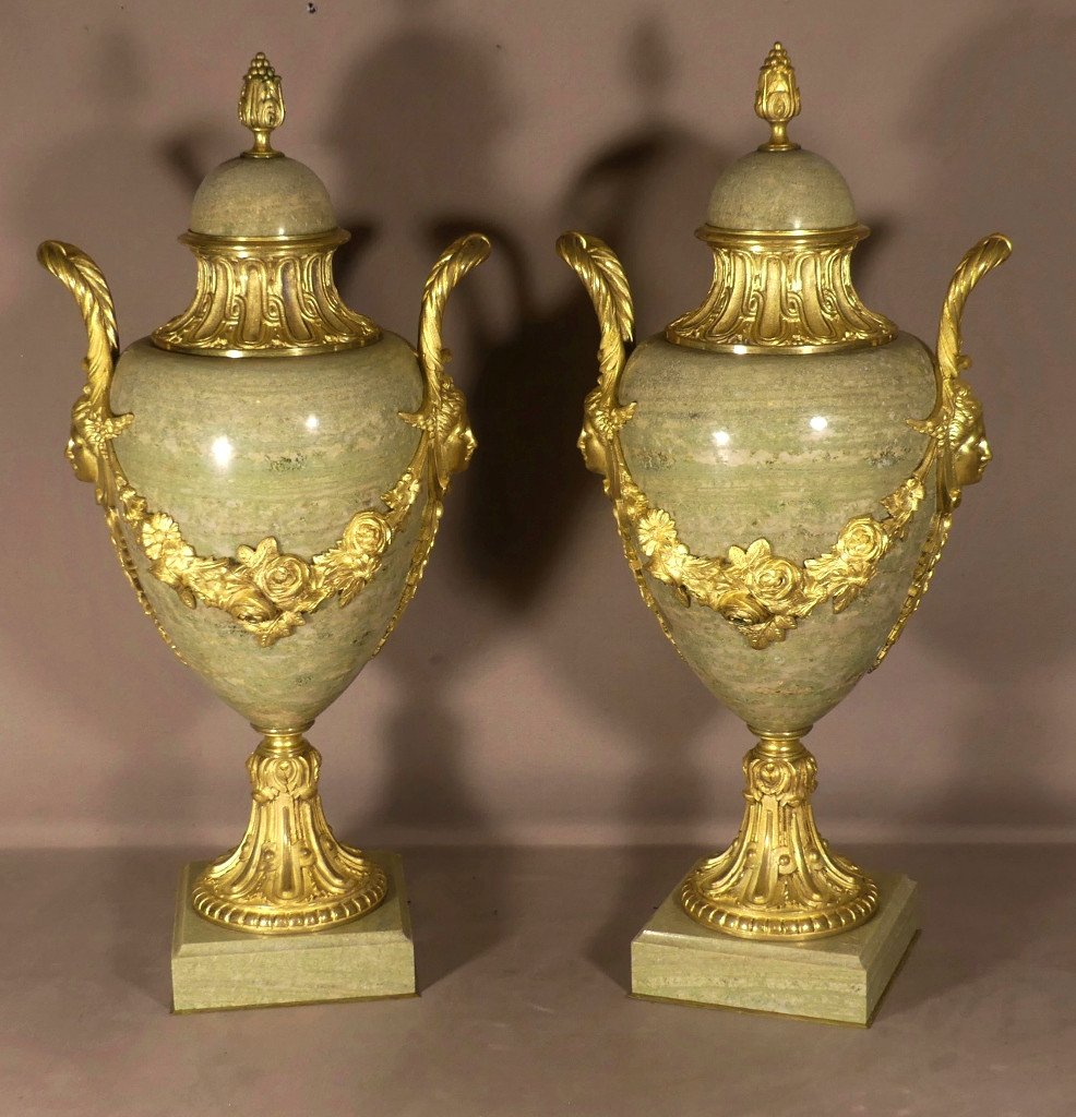 55 Cm, Pair Of Louis XVI Style Cassolettes Campan Green Marble And Gilt Bronze, Napoleon III