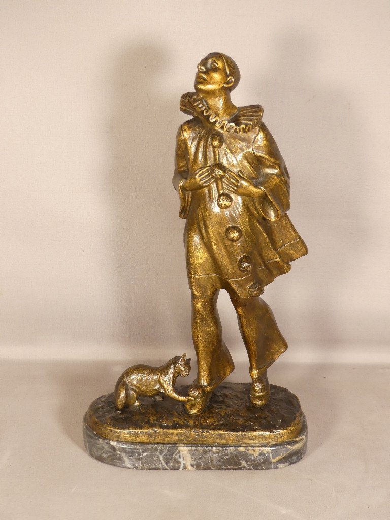 Robert Bousquet (1894-1917), Pierrot Et Le Chat, Bronze Patiné Sur Socle Marbre, Début XX ème-photo-2