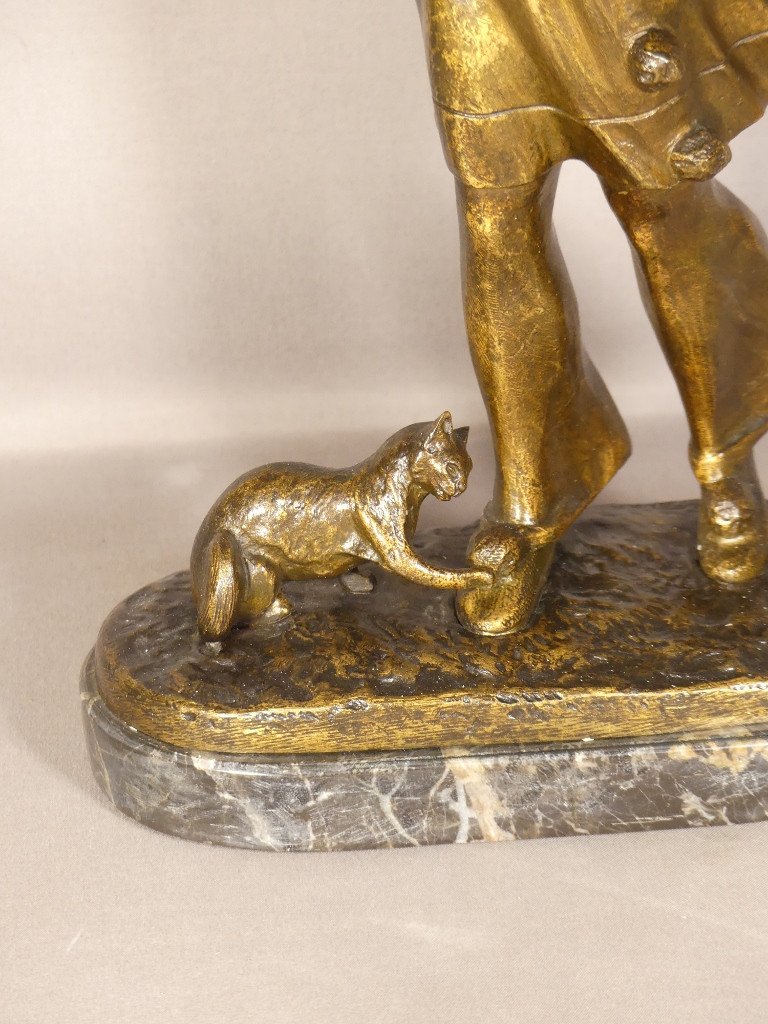 Robert Bousquet (1894-1917), Pierrot Et Le Chat, Bronze Patiné Sur Socle Marbre, Début XX ème-photo-4