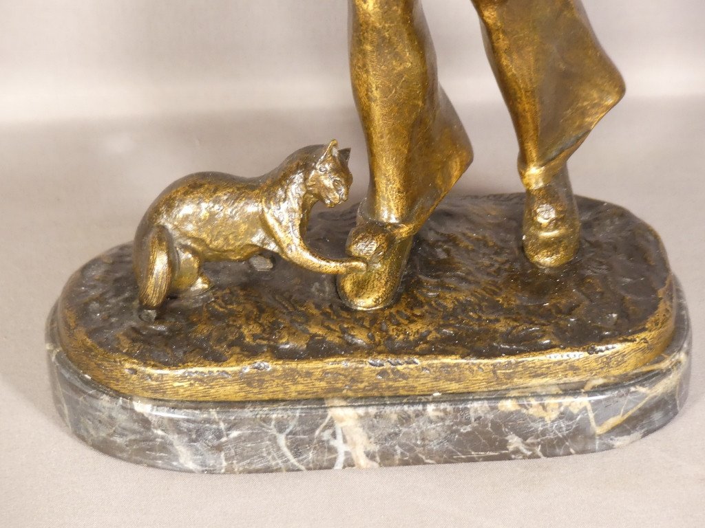 Robert Bousquet (1894-1917), Pierrot Et Le Chat, Bronze Patiné Sur Socle Marbre, Début XX ème-photo-1