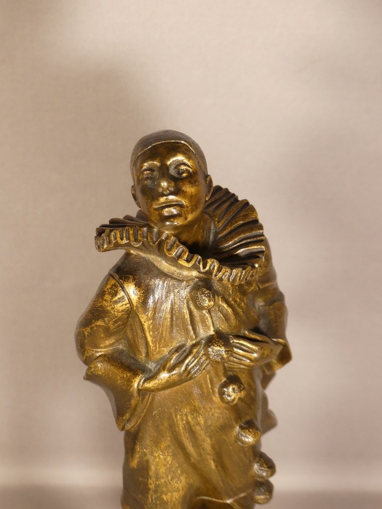 Robert Bousquet (1894-1917), Pierrot Et Le Chat, Bronze Patiné Sur Socle Marbre, Début XX ème-photo-3